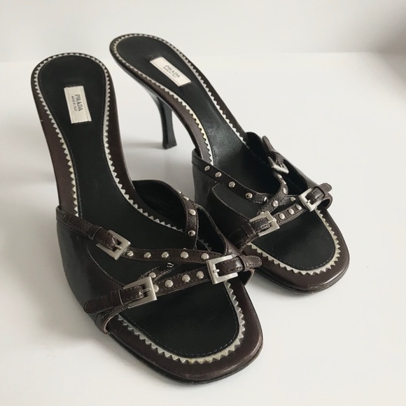 Prada Brown Strappy Studded Low Heel Sandals - Picture 3 of 6